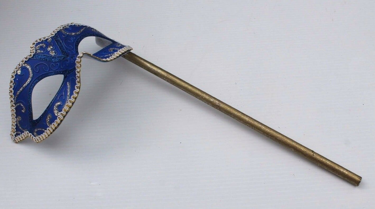 Blue and Gold Venetian Masquerade Party Carnival Eye Mask on a Gold Stick