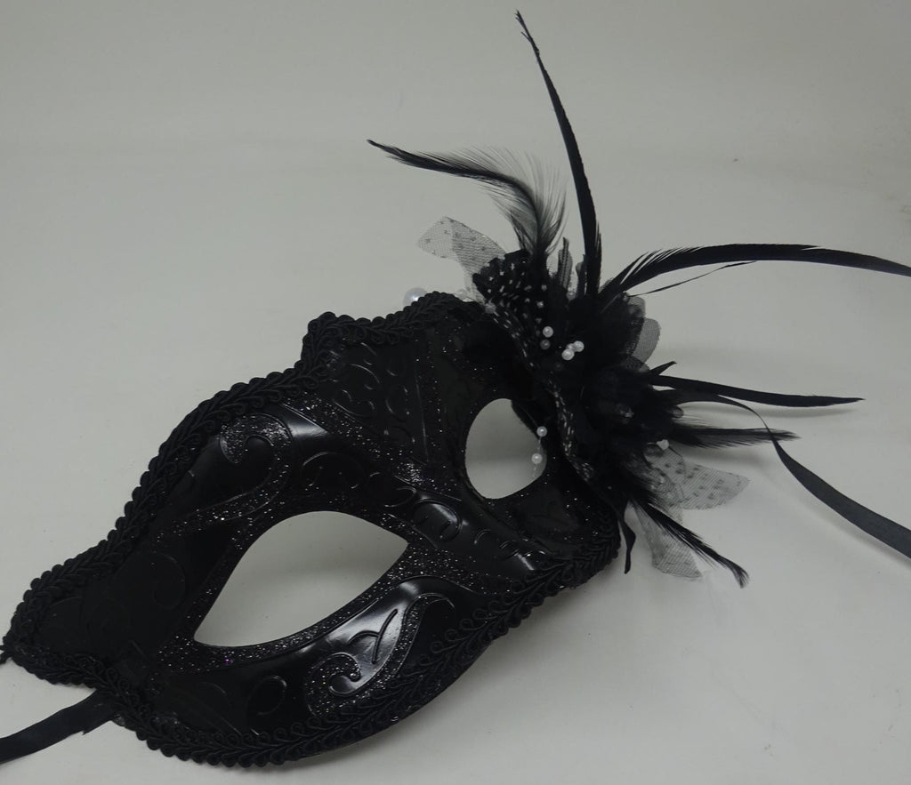 Ladies Gloss Black Masquerade Mask with Flower Feather Beads and Organza Detail