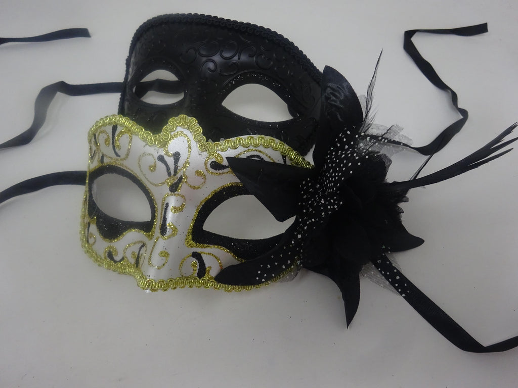 Straight Black and Gold Swirl Pair of Couples His and Hers Masquerade Masks