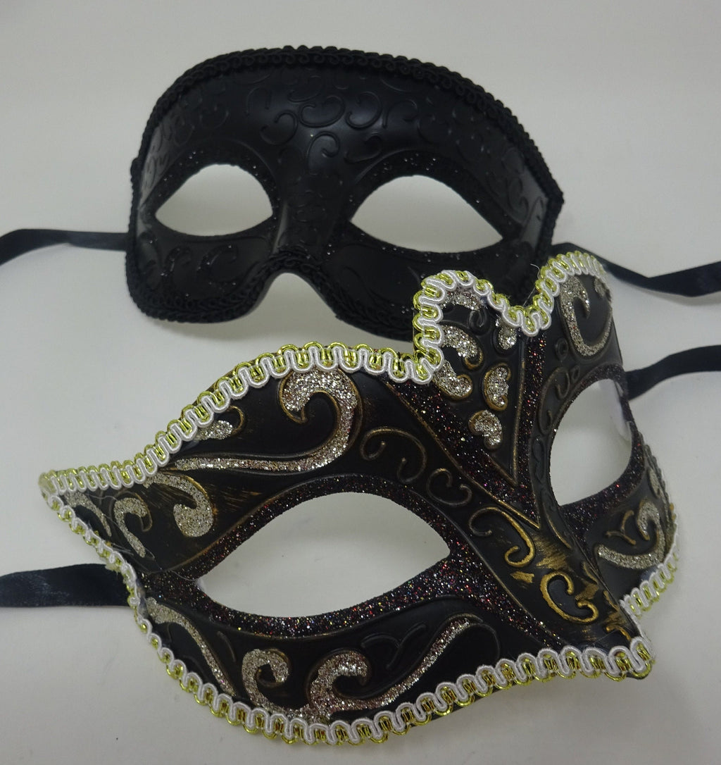 His and Hers Black and Gold Quality Pair of Male and Female Couples Masquerade Masks