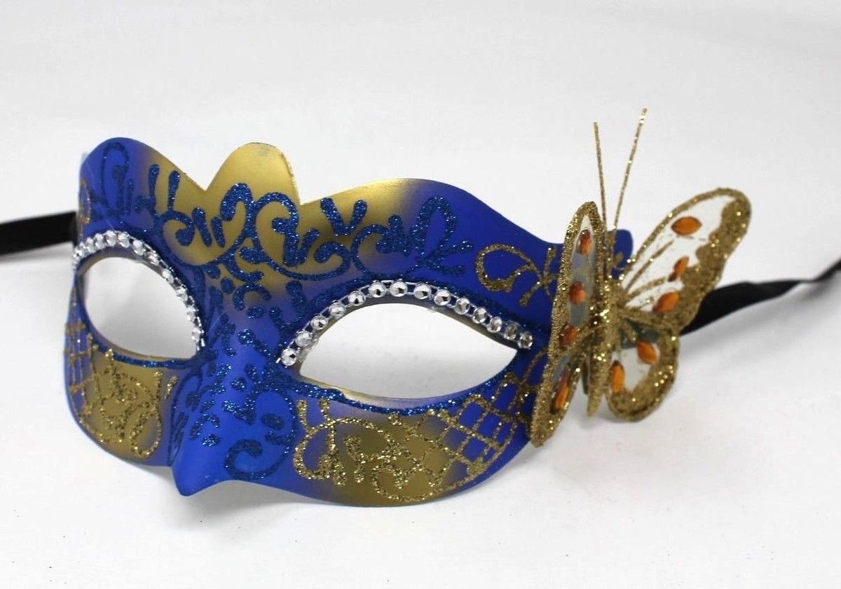 Blue and Gold Masquerade Mask with Gold Butterfly Details