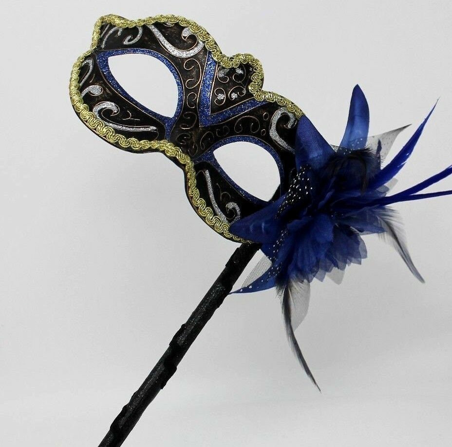 Stunning Blue, Black, Bronze Silver and Gold Masquerade Mask on a Black Stick with Flower