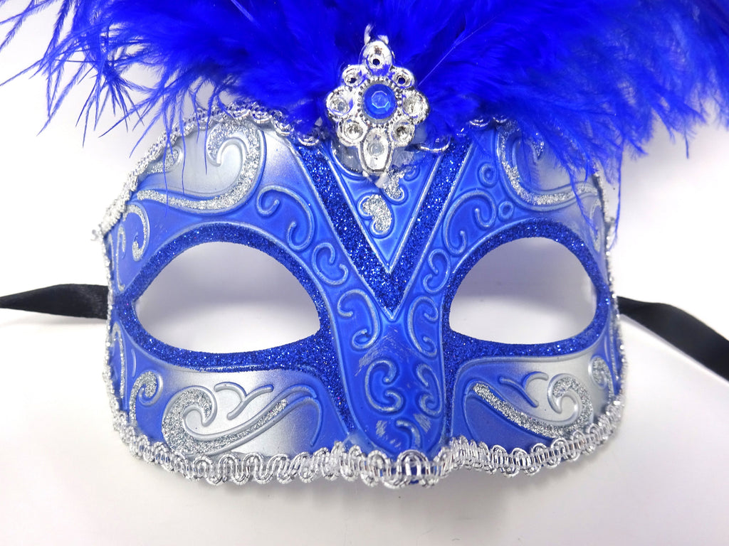 Blue and Silver Tall Feather Masquerade Party Carnival Ball Mask with Centre Jewel