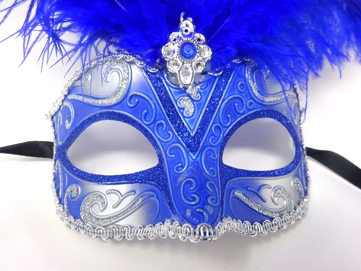 Blue and Silver Tall Feather Masquerade Party Carnival Ball Mask with Centre Jewel