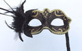 Gold and Black Masquerade Mask on a Black Stick with Flower