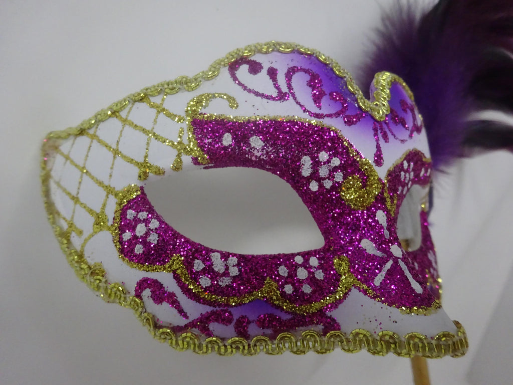 Stunning Purple and Gold Masquerade Mask on a Gold Stick with Feather Detail
