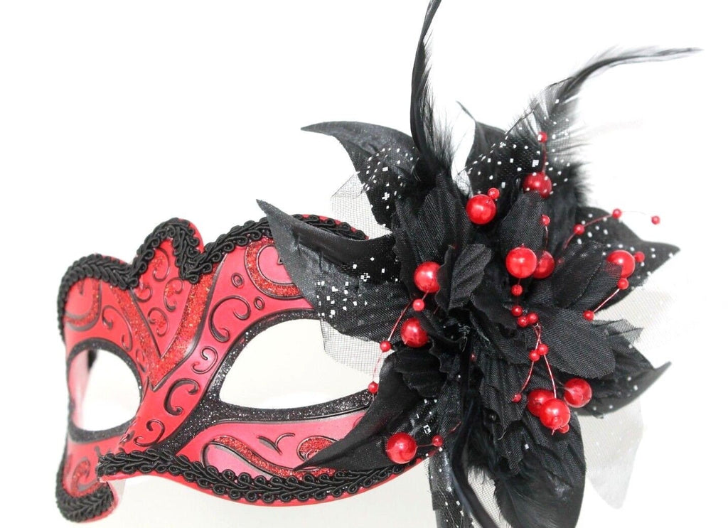 Red and Black Masquerade Mask on a Black Stick with Flower