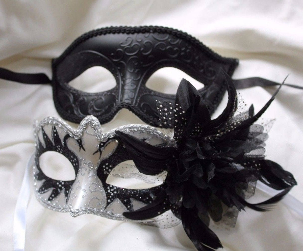 His and Hers Couples Masquerade Masks in Black and White Swan Lake Design with Flower