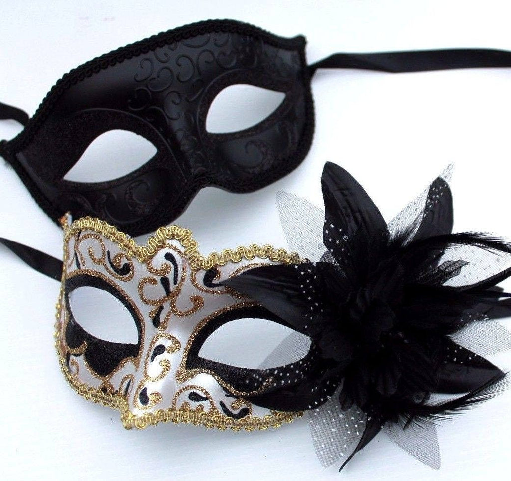 Straight Black and Gold Swirl Pair of Couples His and Hers Masquerade Masks