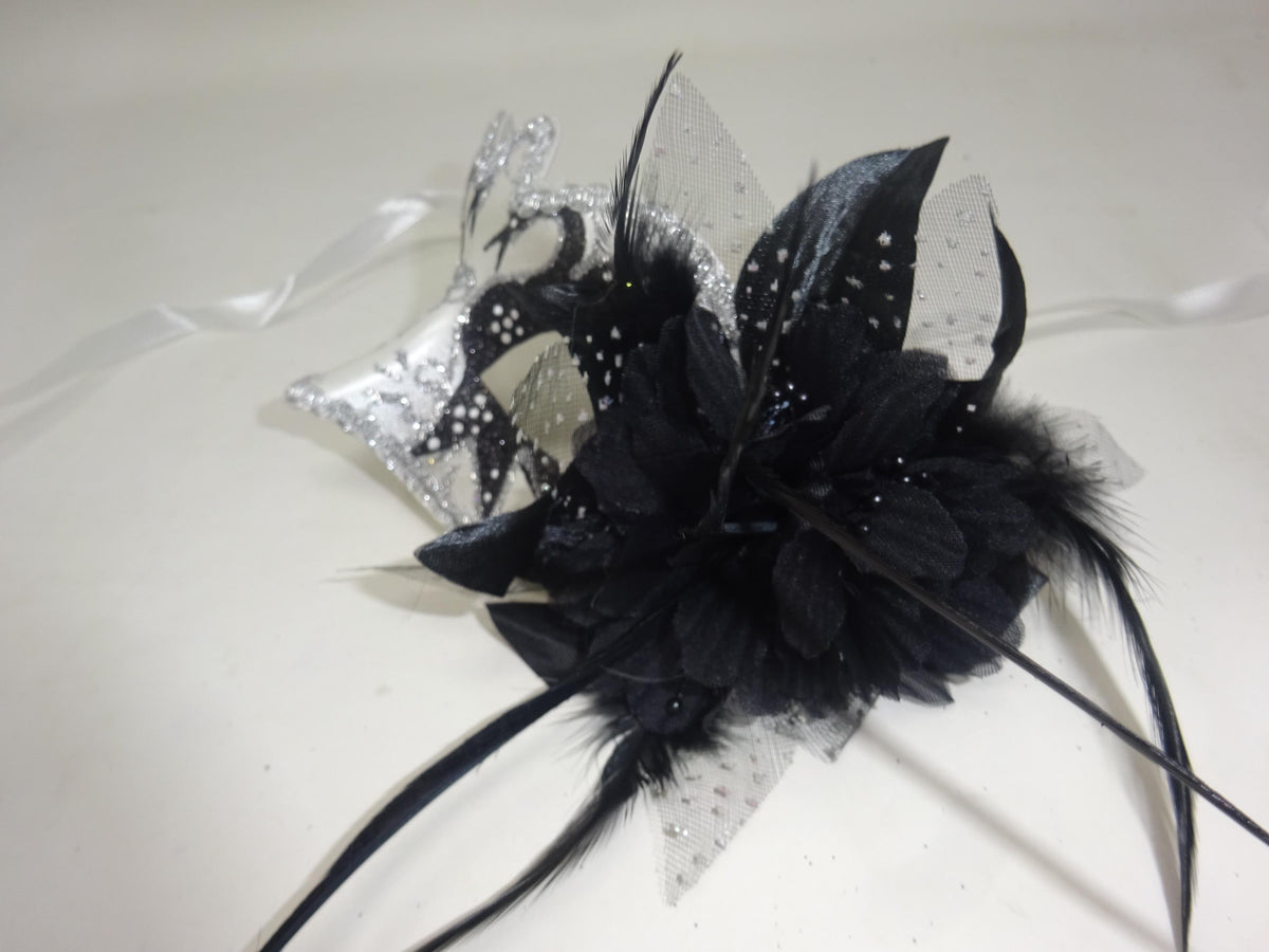 White & Black Swan Lake Masquerade Ball Party Prom Eye Mask with Flower