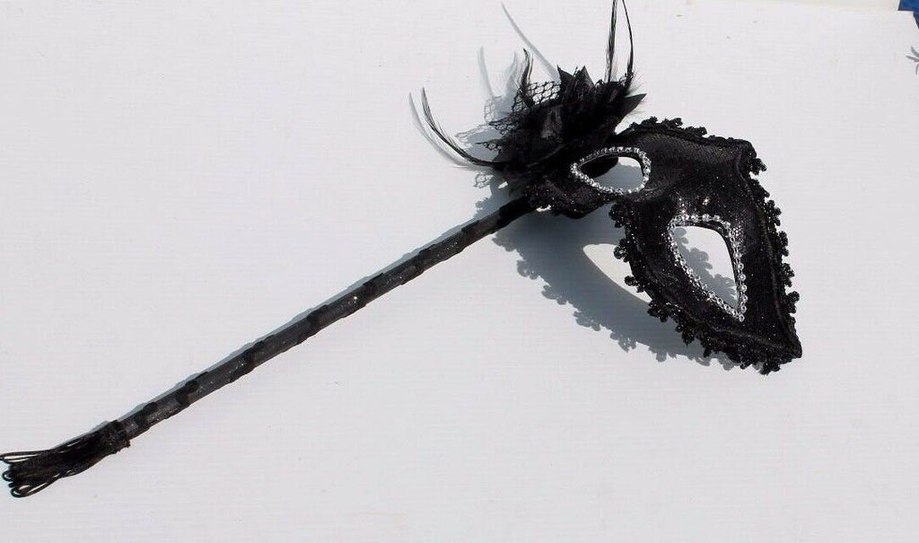 Stunning Sparkling Black Masquerade Mask with Diamontes and Flower on a Black Stick