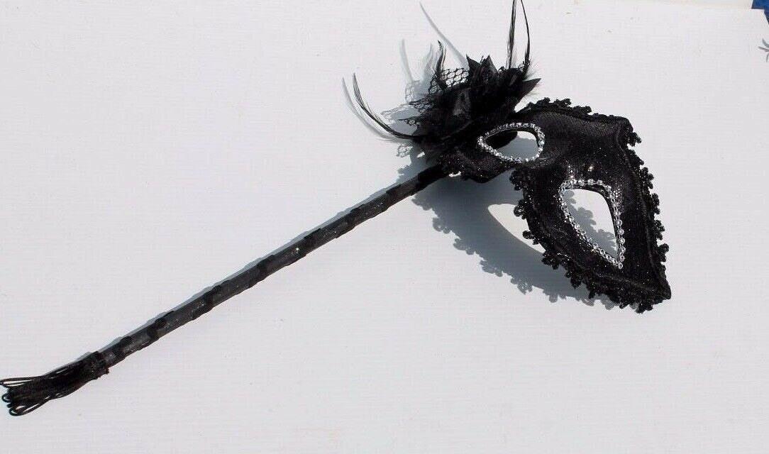 Stunning Sparkling Black Masquerade Mask with Diamontes and Flower on a Black Stick