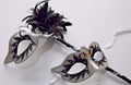 Stunning Black and White His and Hers Couples Masquerade Masks on a Black Stick with Black and White Flower