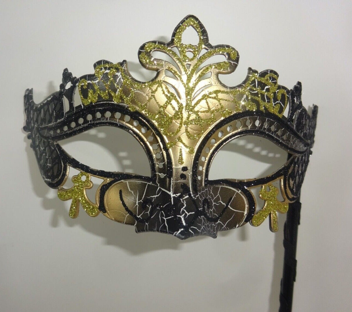 Black and Gold Rialto Masquerade Ball Party Carnival Eye Mask Hand Held on a Stick