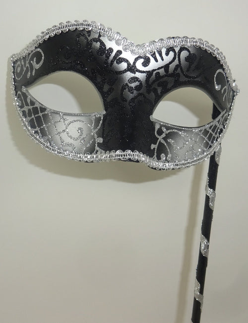 Black and Silver Masquerade Party Carnival Ball Mask on a Silver Stick