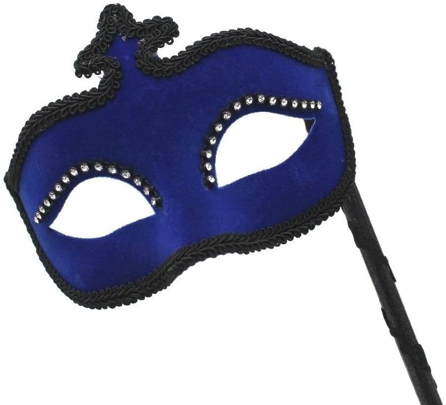 Stunning Blue Masquerade Mask with Black Braid and Diamontes on a Black Stick