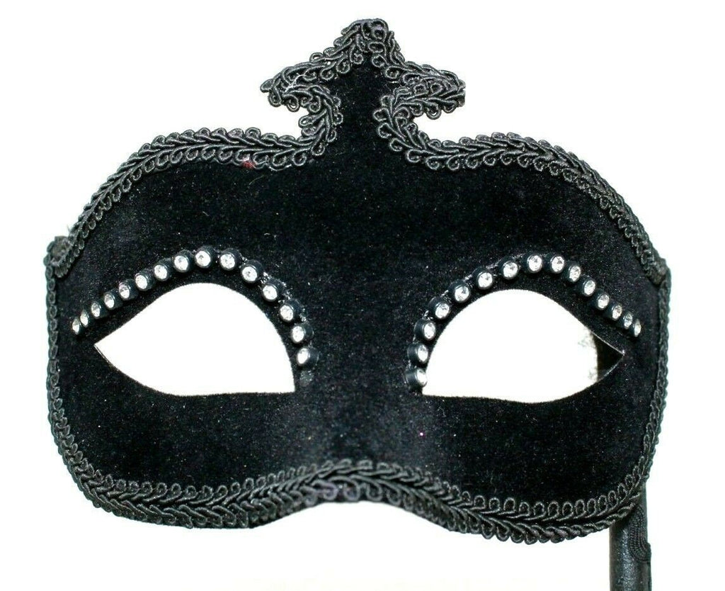 Velour Diamonte Black Masquerade Hand Held Mask on a Stick