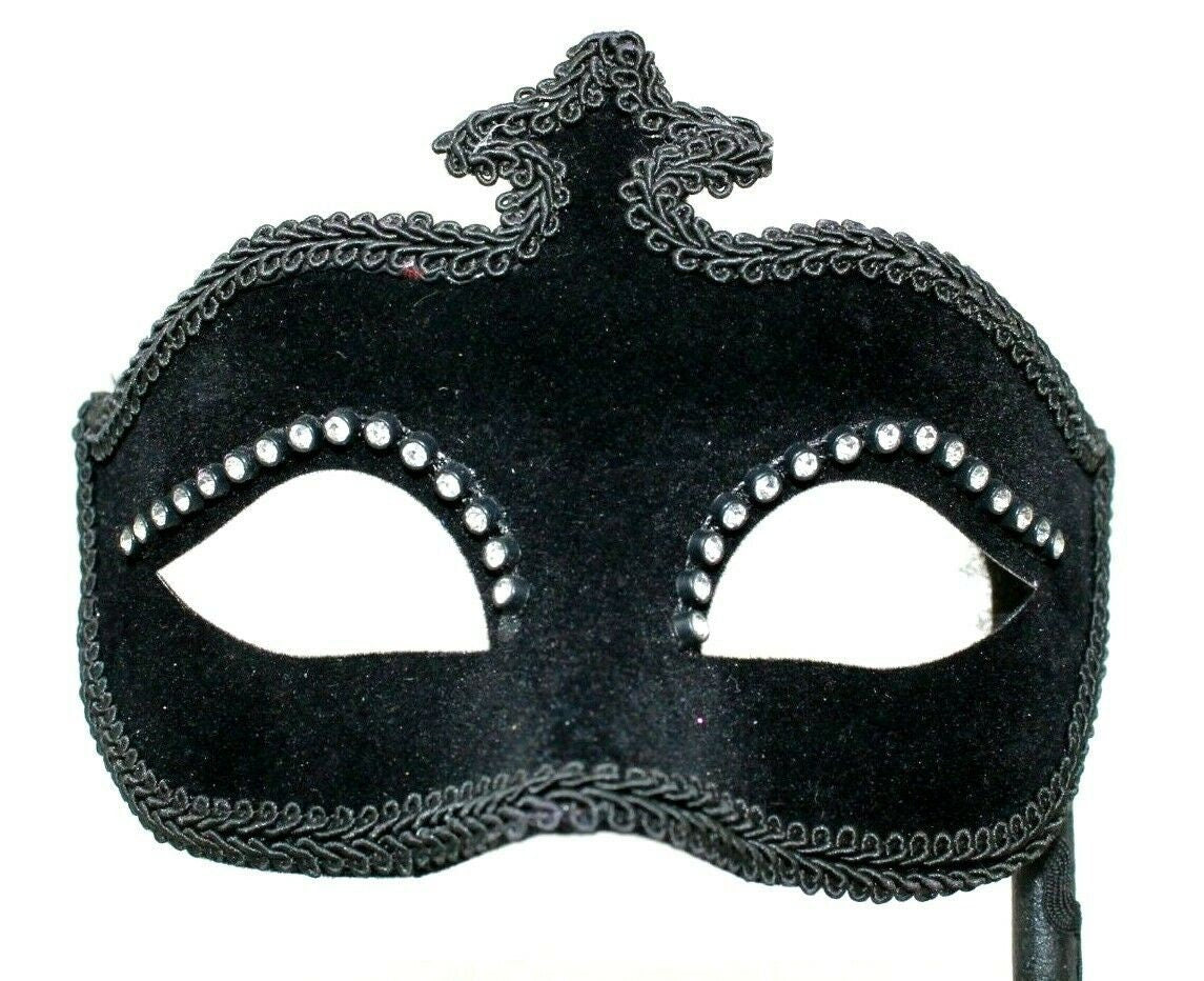 Velour Diamonte Black Masquerade Hand Held Mask on a Stick