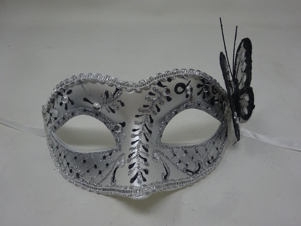 Black and Silver Jewelled Masquerade Mask with Sparkling Butterfly Detail