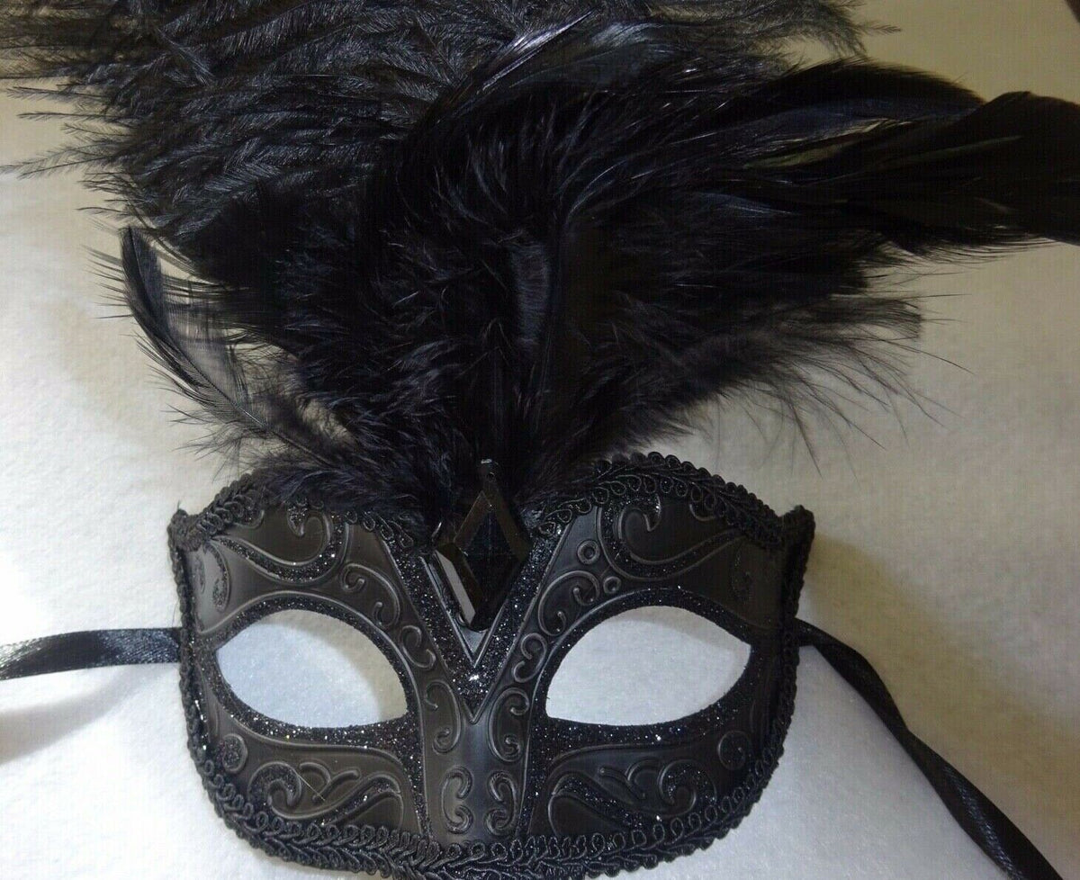 Ladies Black Masquerade Mask with Long Feathers and Centre Jewel