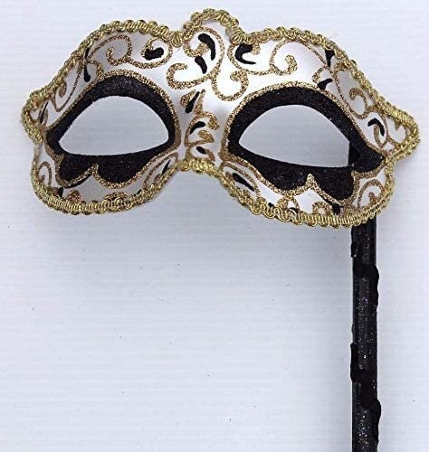 Hand Held Glittering Black White and Gold Masquerade Ball Party Prom Carnival Mask on a Black Stick