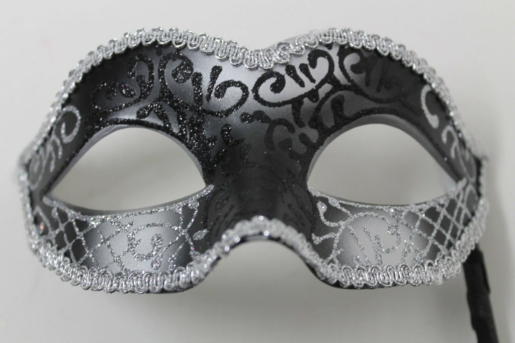 Black and Silver Venetian Masquerade Mask Hand Held on a Stick