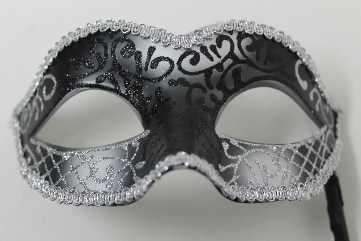 Black and Silver Venetian Masquerade Mask Hand Held on a Stick