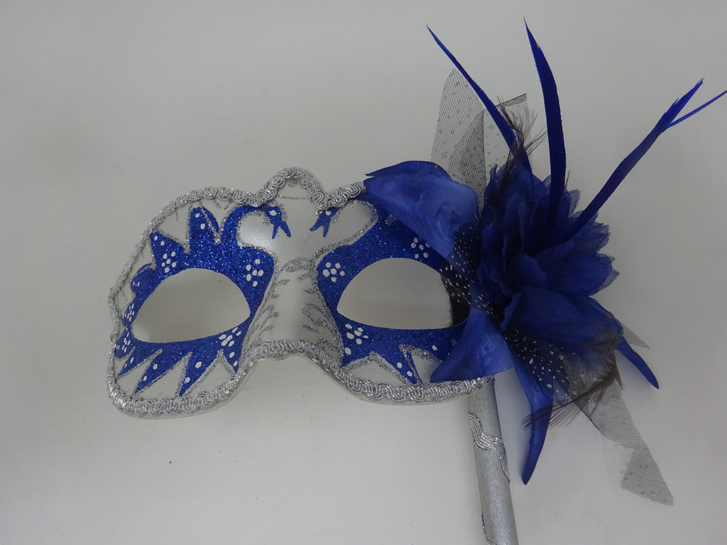 Blue and Silver Swan Lake Party Masquerade Wedding Bridal ball Eye Mask on Stick with Flower