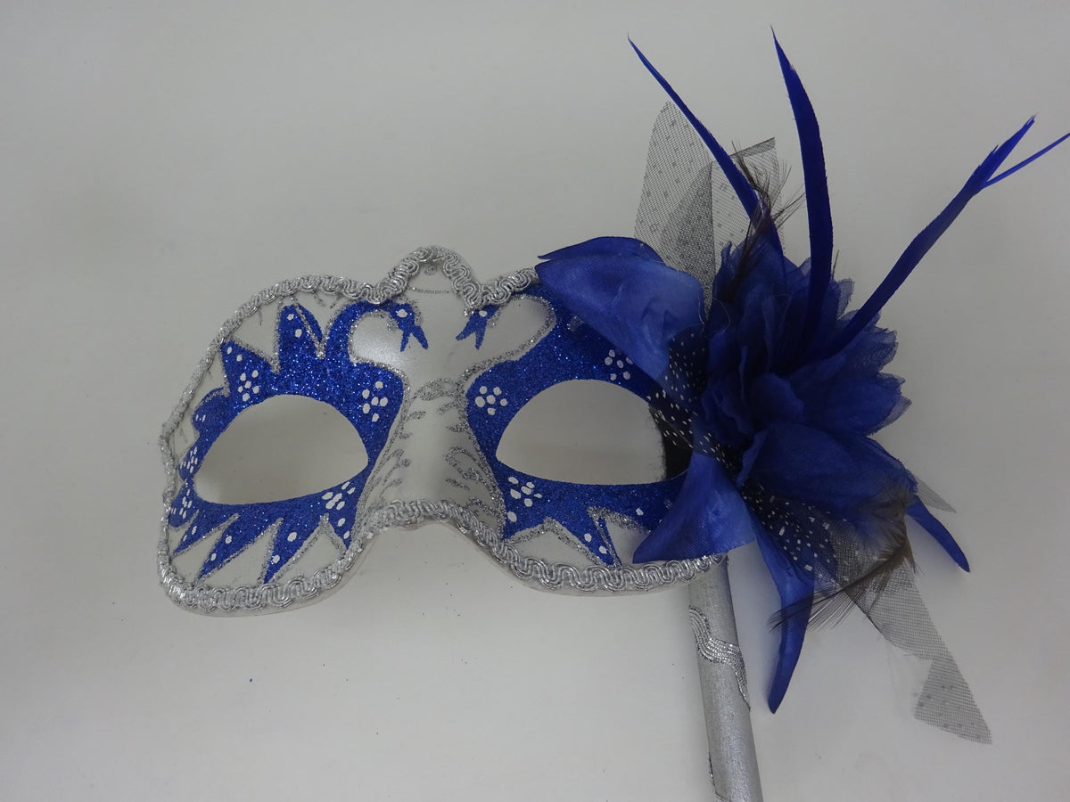 Blue and Silver Swan Lake Party Masquerade Wedding Bridal ball Eye Mask on Stick with Flower