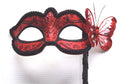 Red and Black Butterfly Masquerade Mask on a Black Stick