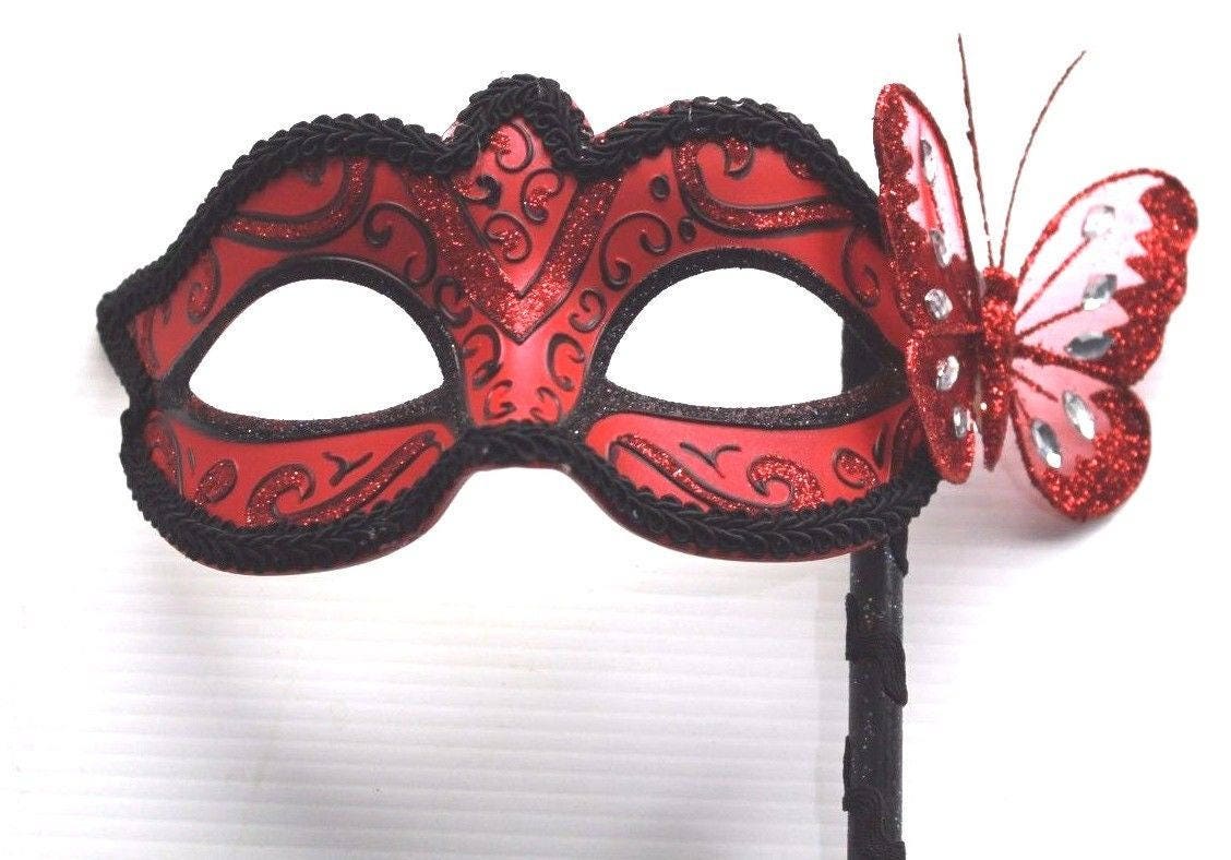 Red and Black Butterfly Masquerade Mask on a Black Stick
