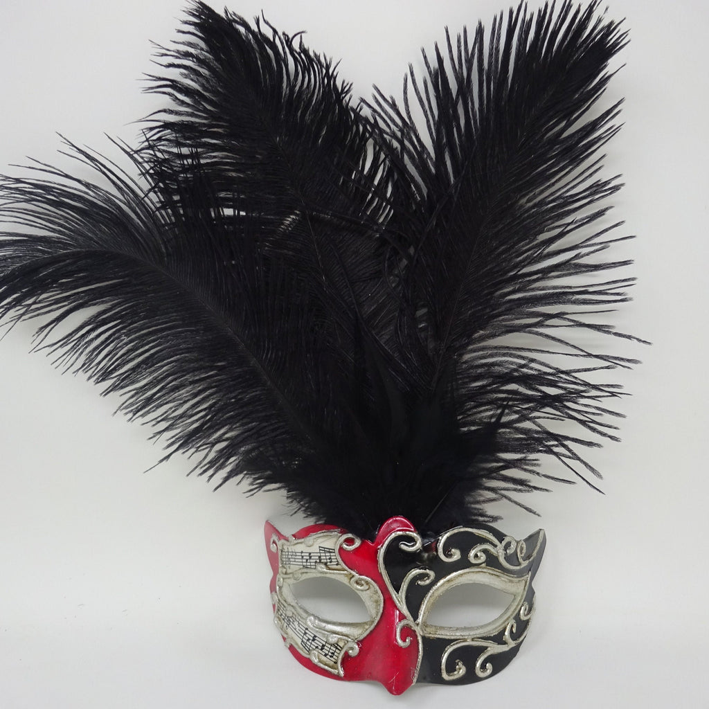 Ladies Red, Black and Silver Musical Masquerade Mask for Masked Ball with Layered Long Black Feathers