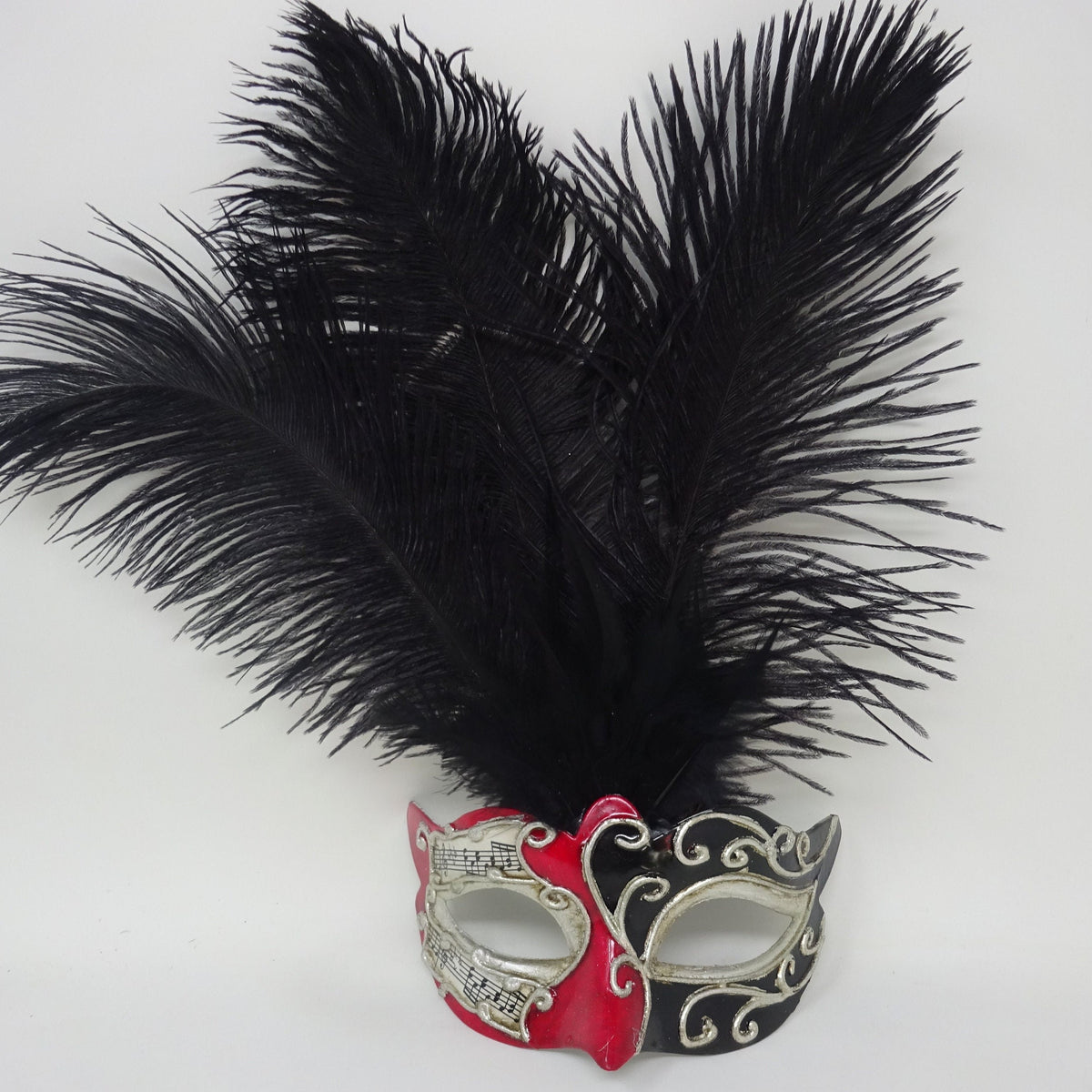 Ladies Red, Black and Silver Musical Masquerade Mask for Masked Ball with Layered Long Black Feathers