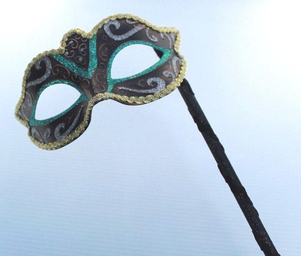 Green Black Bronze Silver and Gold Venetian Masquerade Carnival Party Eye Mask on a Black Stick