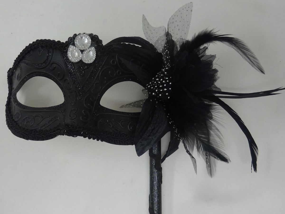 Stunning Black Jewelled Masquerade Mask on a Black Stick with a Flower and Feathers