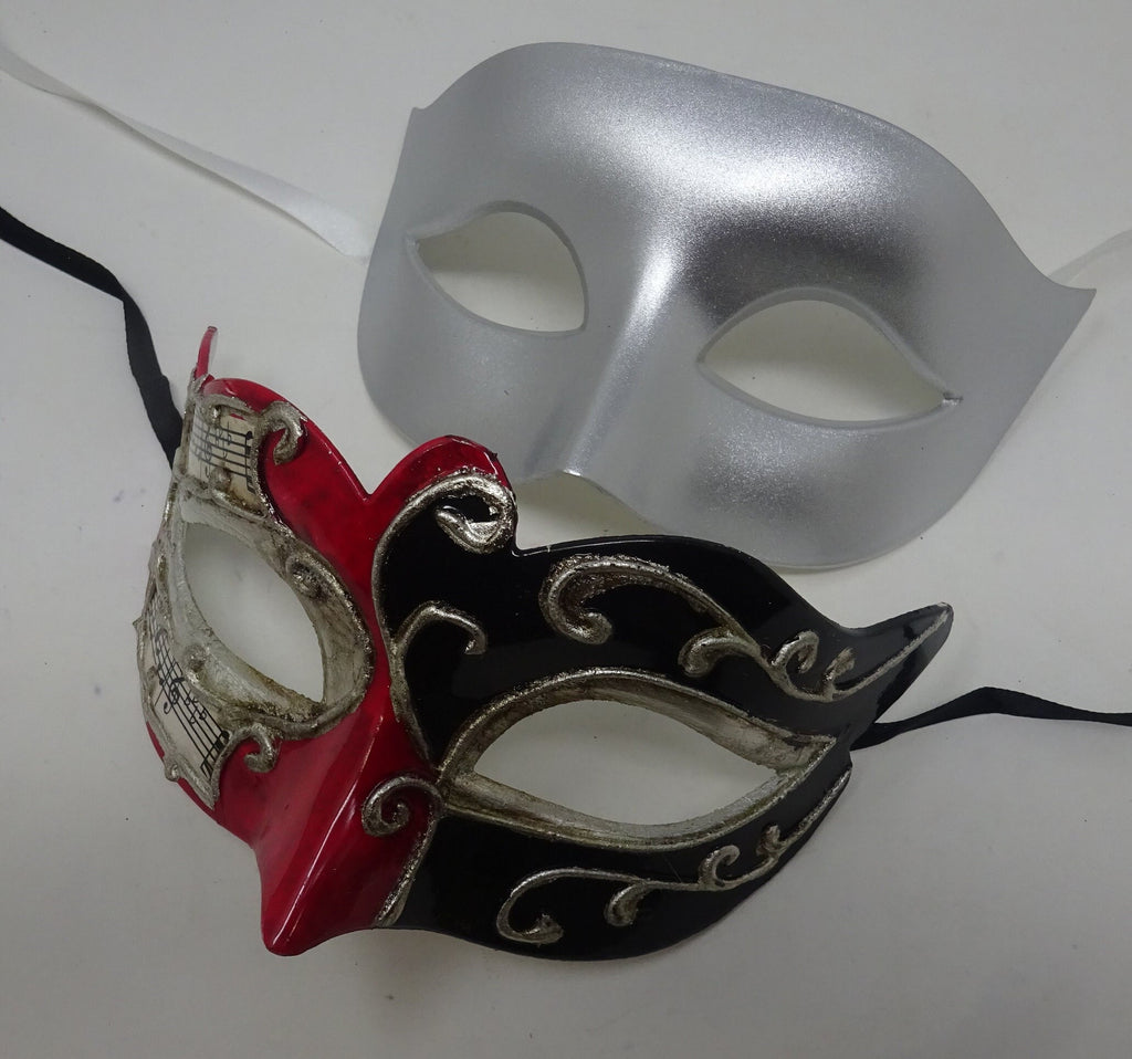 Musical Script Red Silver and Black His and Hers Couples Pair of Masquerade Masks