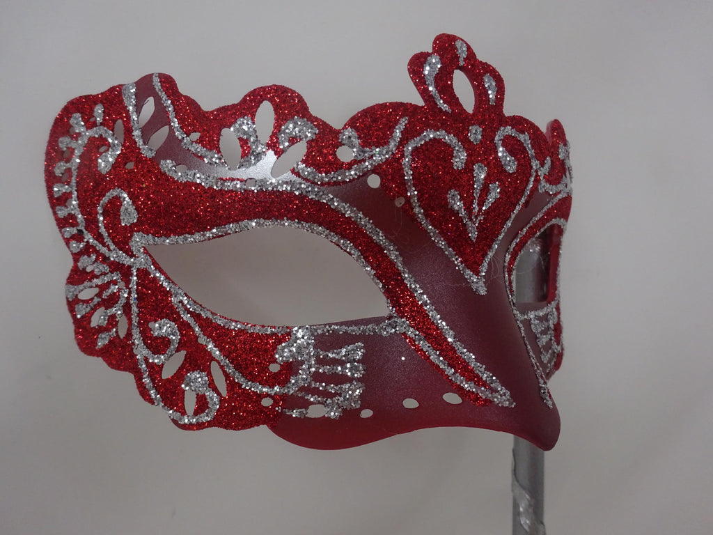 Red and Silver Rialto Venetian Masquerade Ball Party Prom Carnival Mask Hand Held on a Stick
