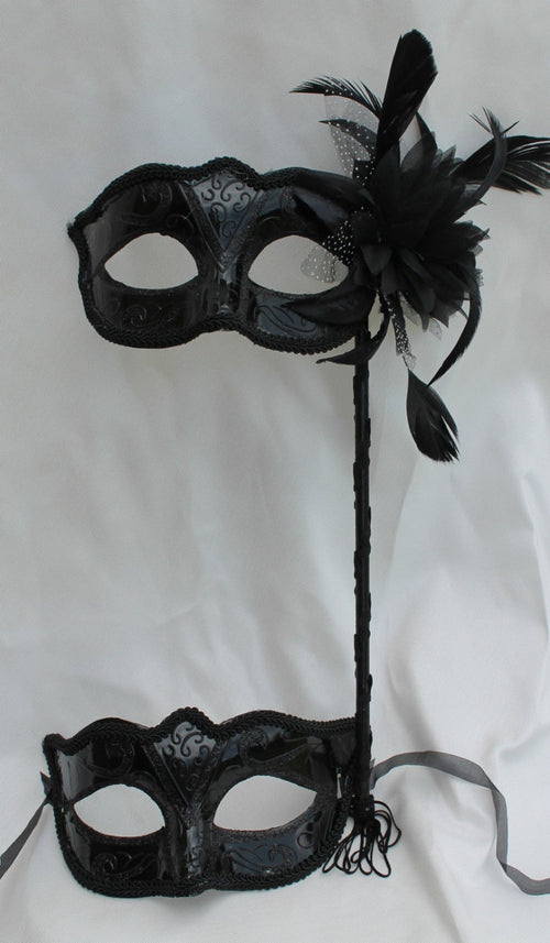 Black His and Hers Couples Masquerade Masks on a Black Stick