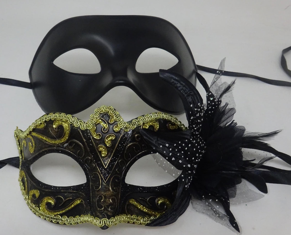 Couples His and Hers Masquerade Masks in Gold, Black and Bronze with Flower Detail