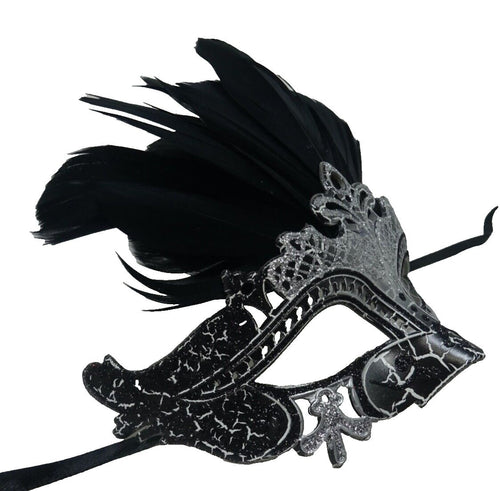 Black and Silver Rialto Masquerade Party Ball Carnival Eye Feather Mask