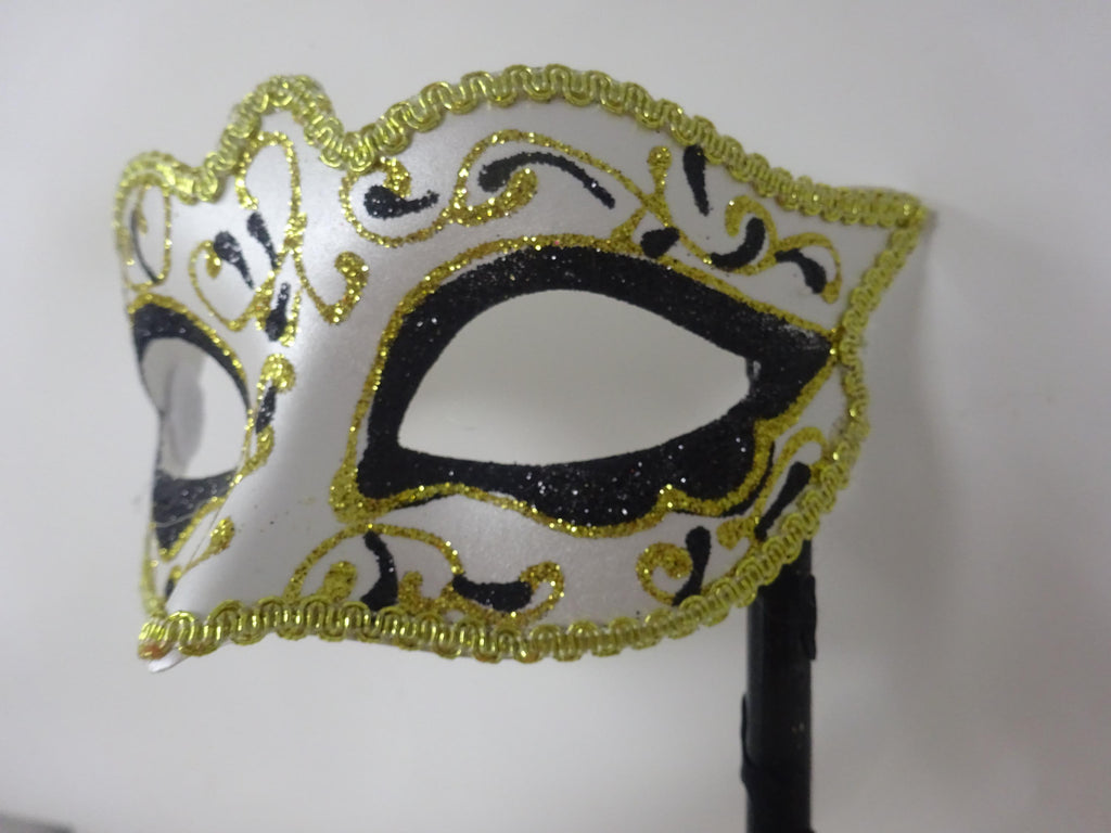 Hand Held Glittering Black White and Gold Masquerade Ball Party Prom Carnival Mask on a Black Stick