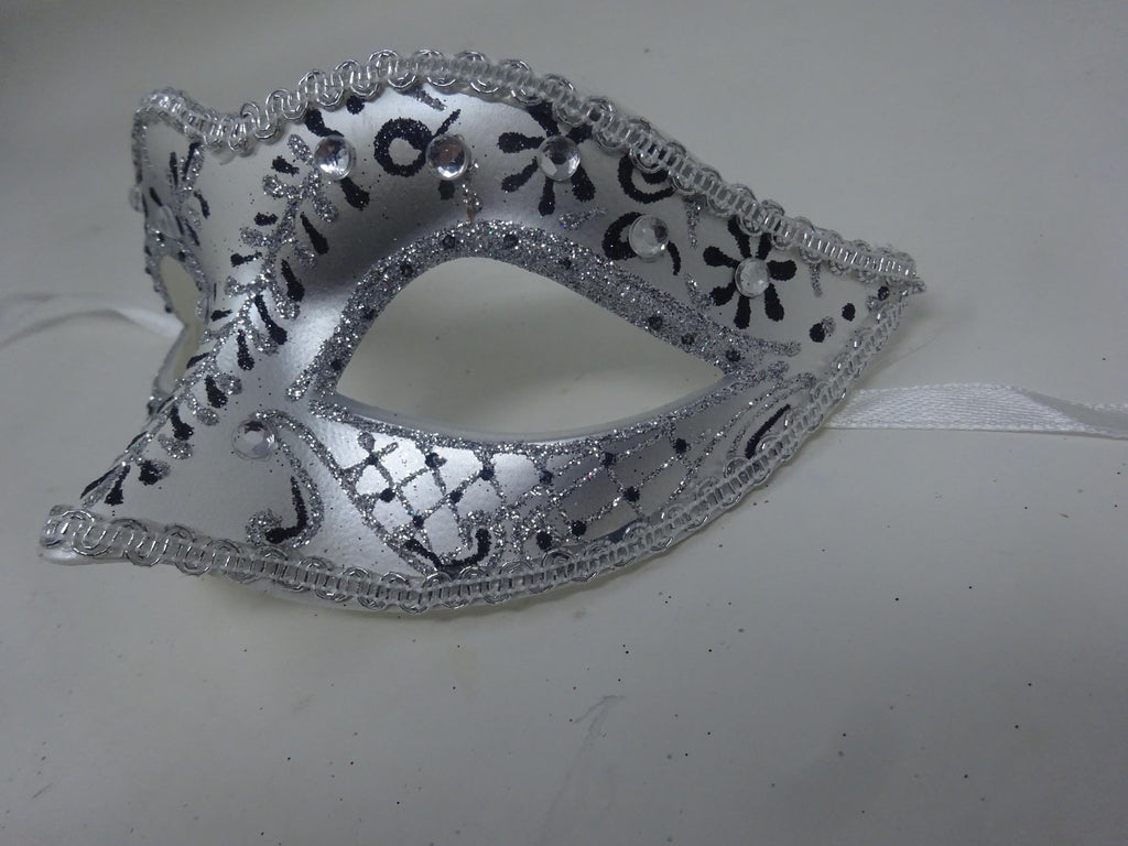Black and Pearlised Silver Venetian Masquerade Party Ball Prom Eye Mask Adorned with Clear Jewels