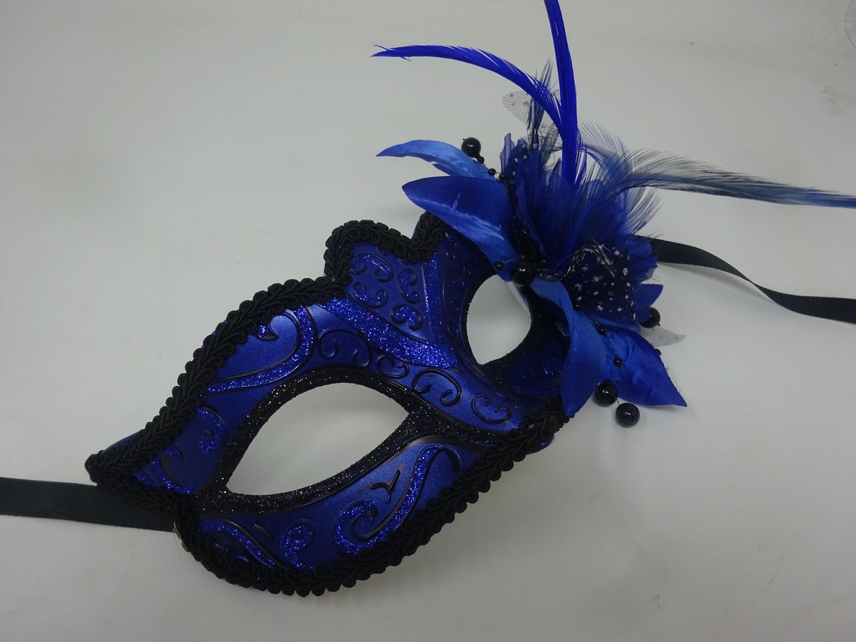 Sparkling Blue and Black Masquerade Ball Party Eye Mask with Flower and Feathers
