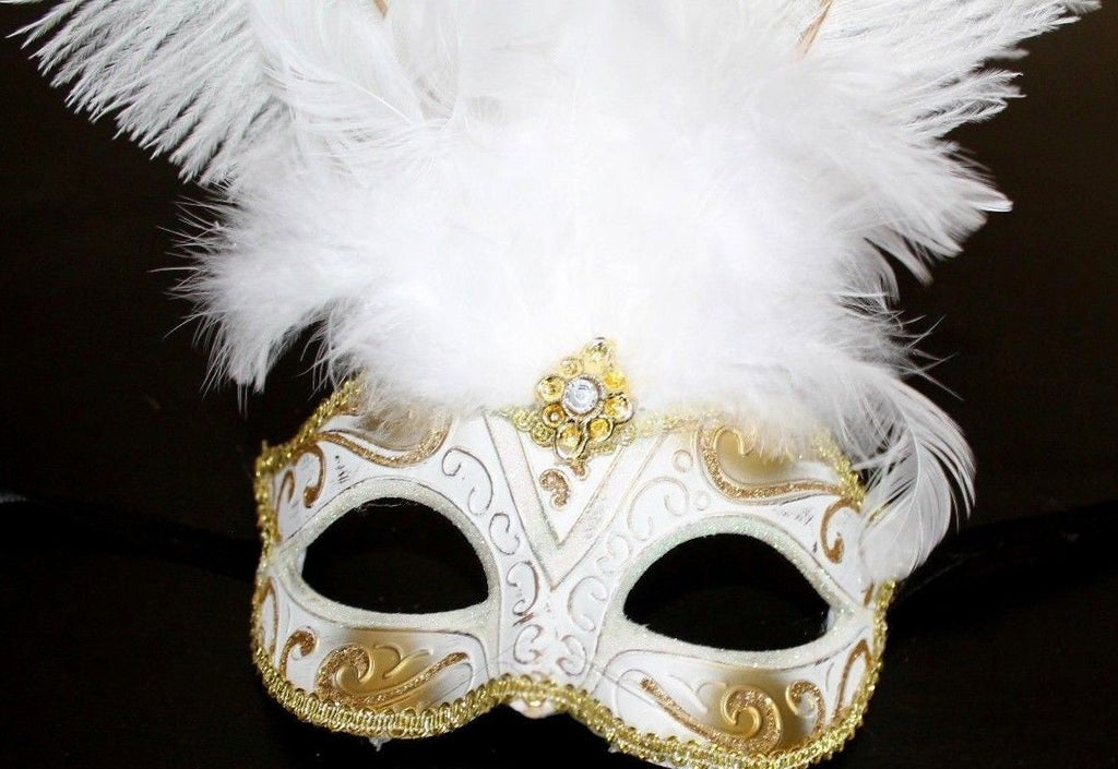 White and Gold Feather Masquerade Mask