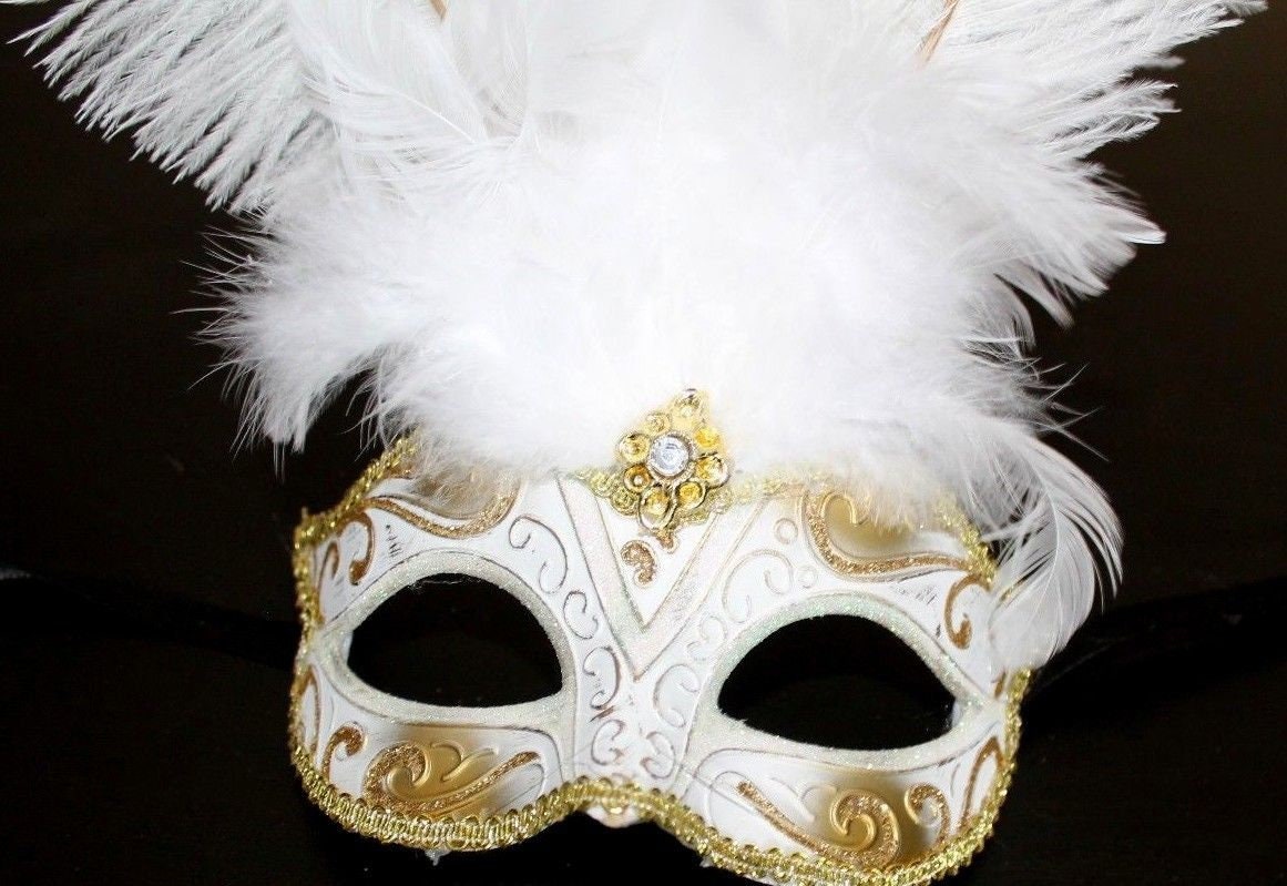 White and Gold Feather Masquerade Mask