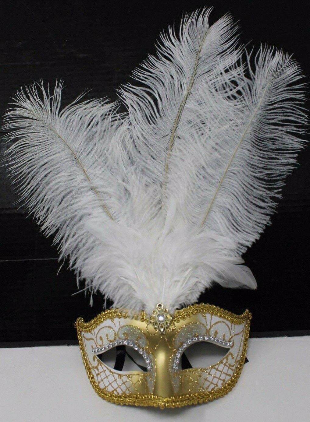 White and Gold Feather Masquerade Party Ball Carnival Mask