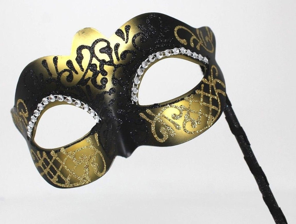 Black and Gold Masquerade Mask on a Stick