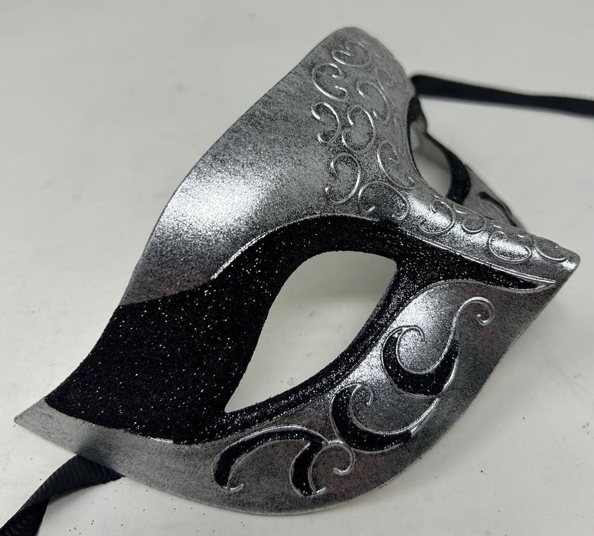 Mens or Ladies Silver, Black and Antique Blue Flick Masquerade Mask