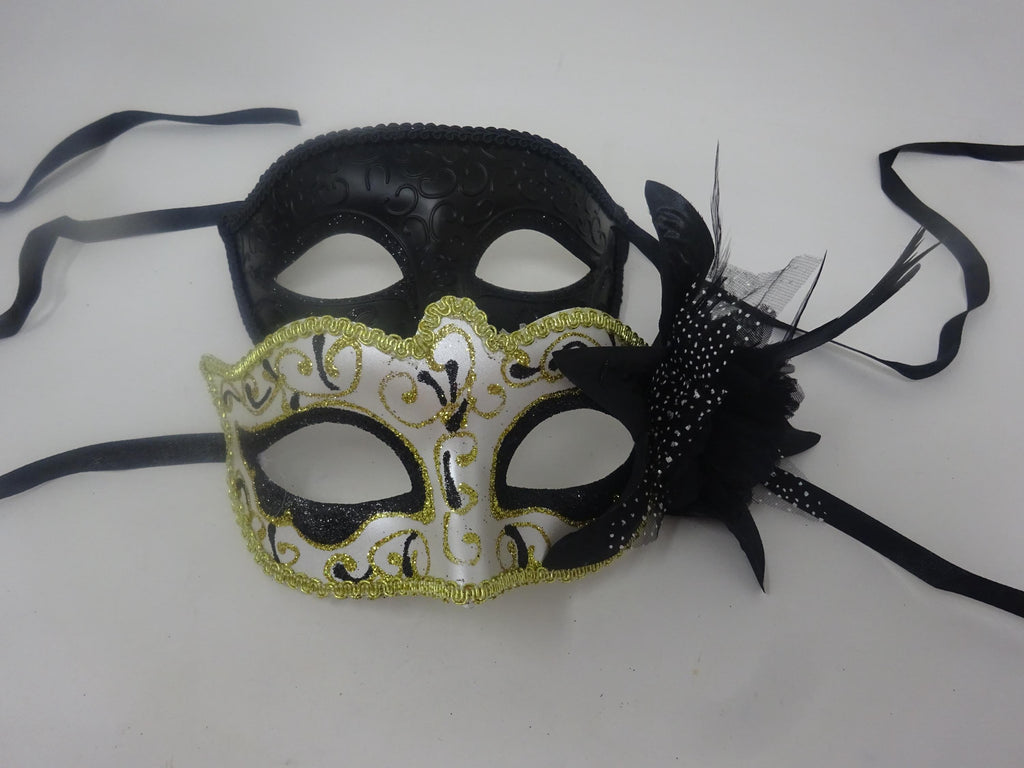Straight Black and Gold Swirl Pair of Couples His and Hers Masquerade Masks