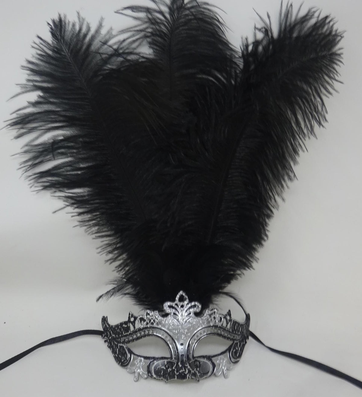 Stunning Black and Silver Rialto Long Black Feather Venetian Masquerade Prom Ball Eye Mask